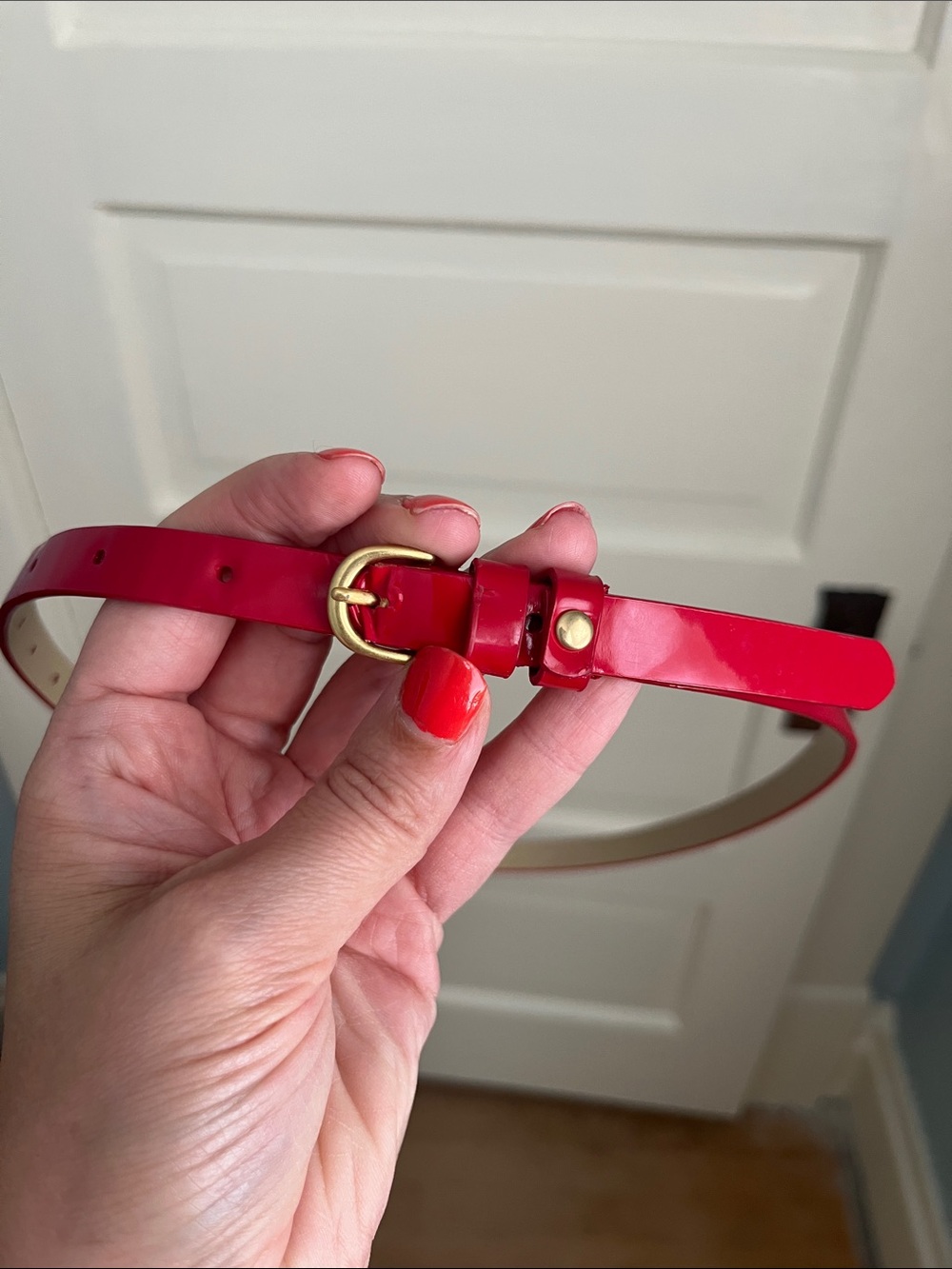 J. Crew Slim Patent Belt in Bright Red with Gold Buckle